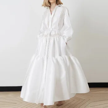 2020 Queda Longo Vestido Elegante De Senhoras, De Renda Branca Com Retalhos Office Camisa Vestidos De Mulheres De Outono De Manga Longa De Moda Maxi Vestidos