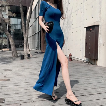 Comprimento médio Vestido de 2020 coreano Verão Novo Estilo de Manga Curta, Sexy Profundo Decote em V de Alta Divisão de Algodão para as Mulheres