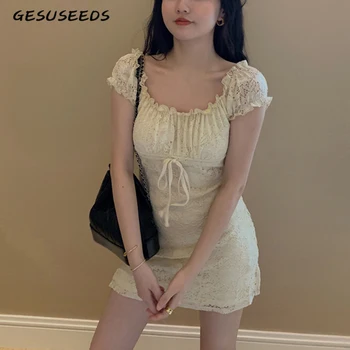 Vestido de verão renda vintage vestido elegante puff manga mini vestido sexy off ombro vestido plissado ruched causal vestidos coreano
