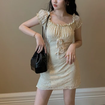 Vestido de verão renda vintage vestido elegante puff manga mini vestido sexy off ombro vestido plissado ruched causal vestidos coreano