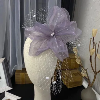 Luz de Luxo de Seda Elegante Flores Roxas véu da cara cocar de estilo francês de Noiva Cocar Hairclip noiva Acessórios de Cabelo