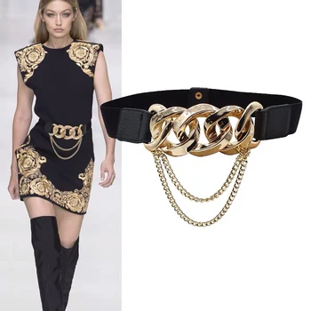 Elástico corrente de ouro no cinto de borla estiramento metal cummerbunds plus size espartilho cintos para mulheres de vestido com cinto de couro ceinture femme