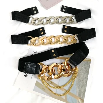 Elástico corrente de ouro no cinto de borla estiramento metal cummerbunds plus size espartilho cintos para mulheres de vestido com cinto de couro ceinture femme