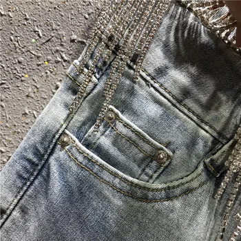 Brilhante Borlas de Diamante Legal calças de Brim das Mulheres 2020 Primavera Novo Estilo Cintura Alta Esticar Furos de Lápis, Calças Skinny Jeans, Calças de Senhoras