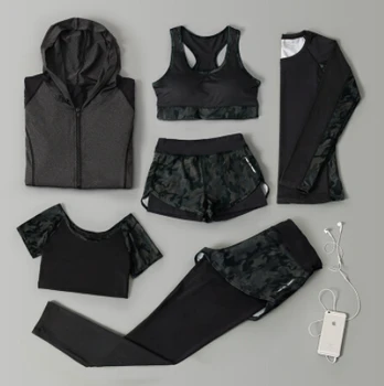 Camuflagem mulheres 6 peças conjunto de correr ao ar livre seca rápido, sportswear, roupas de retalhos womens fitness wear conjuntos de treino