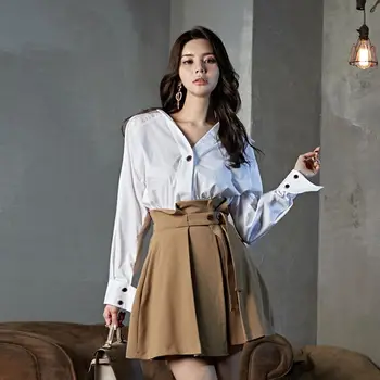 Elegante Coreano Moda Das Mulheres De Duas Peças De Conjuntos Sexy Decote Em V Manga Longa Camisa Branca De Cintura Alta Mini-Saia Ternos Senhora Streetwear