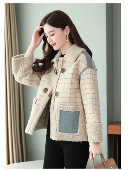Pêlo curto Engrossar lattice Senhoras Vestuário 2020 roupas de Inverno Novo chifre fivela cordeiro de lã de Algodão do vestuário de casacos de moda Tops