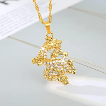 Moda Cor De Ouro Cadeia De Dragão Chinês Pingente De Colares Para Mulheres, Homens Hip Hop Zircão Mascote Ornamentos Símbolo Da Sorte JewelryGift