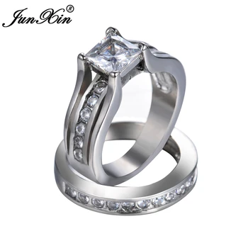 JUNXIN Novo Cristal Branco Geométricas Conjunto de Anel de Moda de Aço Inoxidável do Anel de Casamento do Vintage Anéis de Noivado Para Homens E Mulheres