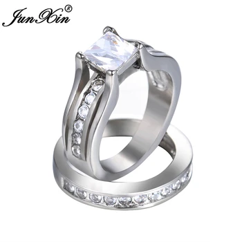 JUNXIN Novo Cristal Branco Geométricas Conjunto de Anel de Moda de Aço Inoxidável do Anel de Casamento do Vintage Anéis de Noivado Para Homens E Mulheres