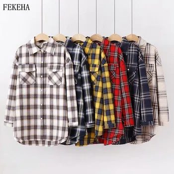 Plaid Shirts Woman 2020 Autumn Womens Blouses And Tops Long Sleeve Two Pockets Checked Loose Retro Outwear