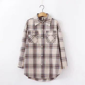 Plaid Shirts Woman 2020 Autumn Womens Blouses And Tops Long Sleeve Two Pockets Checked Loose Retro Outwear