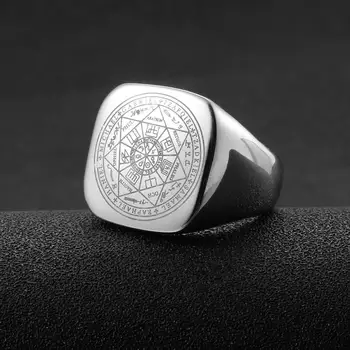 Salomão Anéis para Homens Cor de Prata Runas Mágicas de Aço Inoxidável, Anéis de Sinete Pagão Amuleto Masculino Jóias