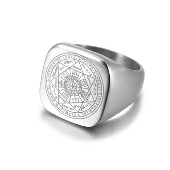 Salomão Anéis para Homens Cor de Prata Runas Mágicas de Aço Inoxidável, Anéis de Sinete Pagão Amuleto Masculino Jóias
