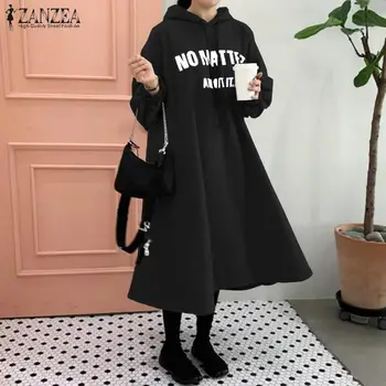 2021 Outono Hodded Longo Pulôver ZANZEA Mulheres Moletom de Manga Longa Vestido de Moda Letra Impressa Vestidos Femininos Veste Plus Size