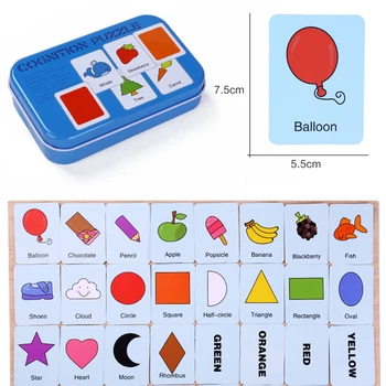 Crianças Do Bebê Cognição Quebra-Cabeças Brinquedos De Criança Pequena Caixa De Ferro Cartões De Jogo De Correspondência Cognição Cartões De Veículo De Frutas Animal Define A Vida, A Par De Quebra-Cabeça