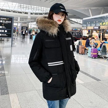 Estilo coreano de Mulheres Inverno Longo Casaco Solto Plus Size Listrado Parkas Mulher de Capuz, Com Gola de Pele de Algodão Acolchoado Grosso Coats