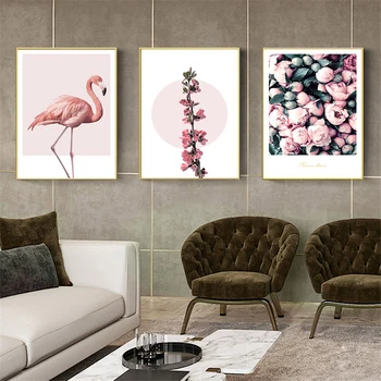 Nordic Cor-De-Rosa Flamingo As Ondas Flores Tela De Pintura Da Imagem De Impressão De Pôster Arte De Parede Sala Quarto A Decoração Home