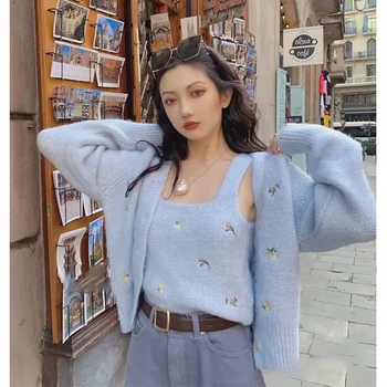 Vintage Floral Casaquinho de Malha de mulheres de Camisola Vintage V botão do Pescoço Cardigan casaco de Manga Longa quente coreano camisola 2020