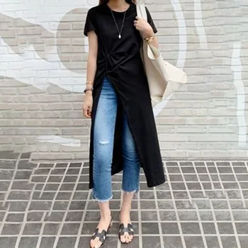 Slim fit branco clássico longo preto de t-shirt design elegante fenda lateral mulheres de verão, camisa de manga curta t-coreano japão casual t-shirts
