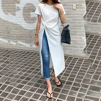 Slim fit branco clássico longo preto de t-shirt design elegante fenda lateral mulheres de verão, camisa de manga curta t-coreano japão casual t-shirts