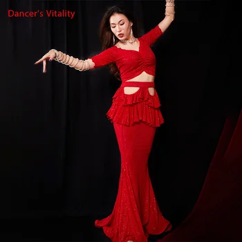 Nova Chegada Mulheres 2 peças de Dança do Ventre Saia short Sleeve top Sexy Dança Oriental Prática da Equipe de Dança do Traje