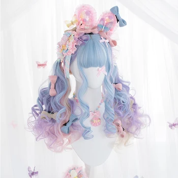 Estilo japonês Diário Linda Lolita Cosplay Perucas de Alta temperatura da Fibra de Cabelo Sintético Azul Roxo Longo Cabelo Encaracolado+de cabelo gratuito pac
