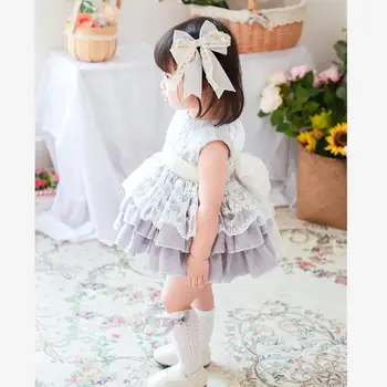 2020 Verão espanhol Lolita vestido de princesa Laço de costura oco xadrez bola vestido de festa de aniversário de vestido para as meninas vestidos Y2890
