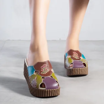 2019 Famoso Mais Novo Feitiço Cores De Couro Genuíno Sandálias Plataforma Sapatos De Mulher Cunhas Chinelos De Quarto Moda Verão Sandálias Sapatos Mulheres