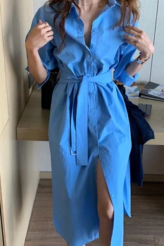 SHENGPALAE coreano Chique Primavera Simples Lapela Azul comprido Solto Correia Camisa de Manga Longa Vestido Para as Mulheres 2021 ZT1090