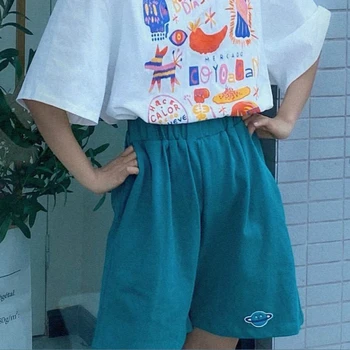 Shorts Mulheres do Vintage coreano Chique Cartoon Faculdade de Treino Casal Curto Moda Harajuku Todos-jogo Elástica das Mulheres Streetwear