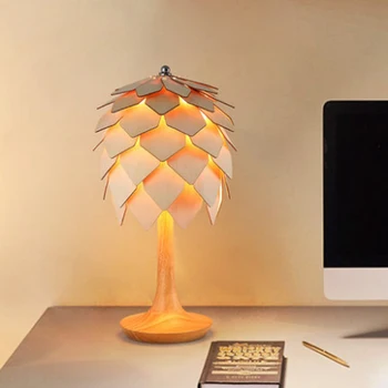 Nordic criativo pinha projeto mesa de madeira lâmpada moderna da natureza DIY deco home de personalidade quarto E27 lâmpada LED iluminação da tabela da lâmpada