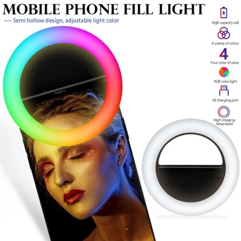 DIODO emissor de luz RGB Clipe na Selfie Anel de Luz Bateria Recarregável ringlight para o Telefone Inteligente da Câmera de Forma Redonda de iluminação aros anel de luz