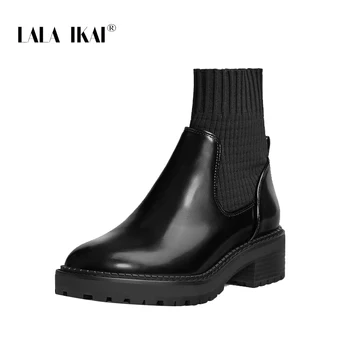 LALA IKAI Mulheres de Malha de Costura Ankle Boots Brilhante PU Elástico de Inicialização de Moda Botas de montaria Feminina 2020 Outono Inverno XWA30731-4