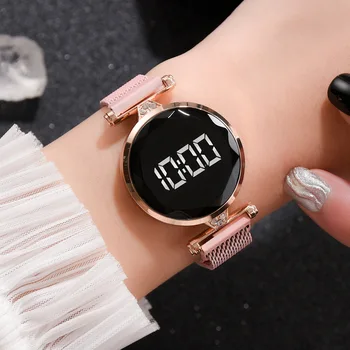 Ímã de Liga de Cinto de Malha de LED Ladies Watch Strass Eletrônico Vestido de Assistir a Mulher de Personalidade Toque Relógios de pulso zegarek damski