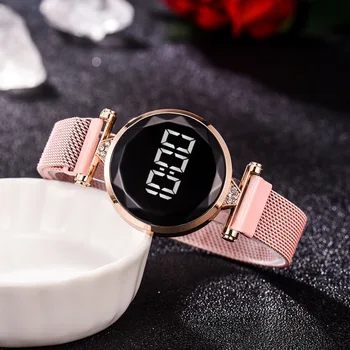 Ímã de Liga de Cinto de Malha de LED Ladies Watch Strass Eletrônico Vestido de Assistir a Mulher de Personalidade Toque Relógios de pulso zegarek damski