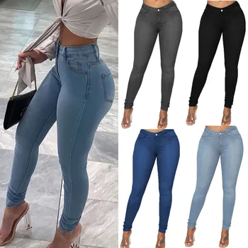 Mulheres de Cintura Alta Jeans Skinny Lápis Calças Plus Tamanho XS-6XL