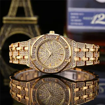 Luxo de Ouro cravejado de diamantes Senhoras Relógio Impermeável de Aço, Relógios de Pulso das Mulheres de Quartzo relógio de Pulso Relógio Masculino Mulheres Watchs