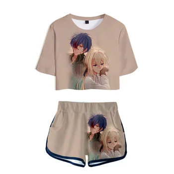 Japonês Violeta Evergarden Cosplay Camisa Violeta Impressão 3D Breve parágrafo Camisa Conjunto de Shorts Anime Periférica
