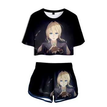 Japonês Violeta Evergarden Cosplay Camisa Violeta Impressão 3D Breve parágrafo Camisa Conjunto de Shorts Anime Periférica