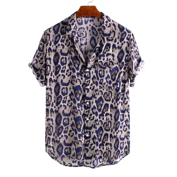 Nova Moda de Alta Qualidade, os Homens Verão de Manga Curta, estampa de Leopardo Botão de Lapela da Camisa Blusa folgada Streetwear Mens camisa Vintage