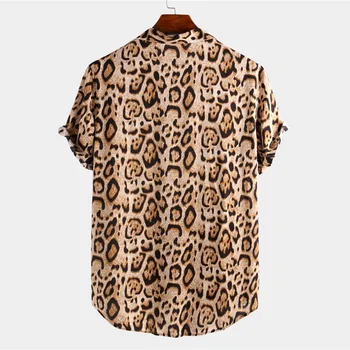 Nova Moda de Alta Qualidade, os Homens Verão de Manga Curta, estampa de Leopardo Botão de Lapela da Camisa Blusa folgada Streetwear Mens camisa Vintage