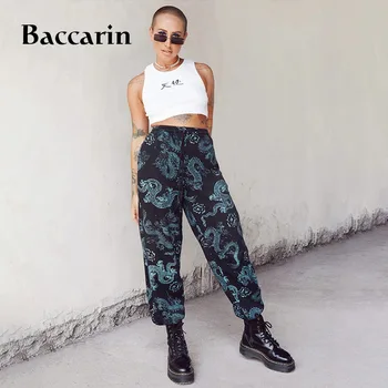 Dragão De Impressão Algodão Das Mulheres Calça Sarouel Jogger Solta Streetwear 2020 Roupas De Verão Gótico Calças De Hip Hop