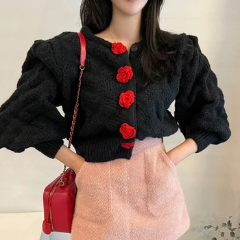 Nomikuma Vintage Puff Luva O-neck Sweater Casaco coreano Flores em 3D Casaquinho de Malha de Primavera Curto Malhas Tops 2021 Novo 6E182