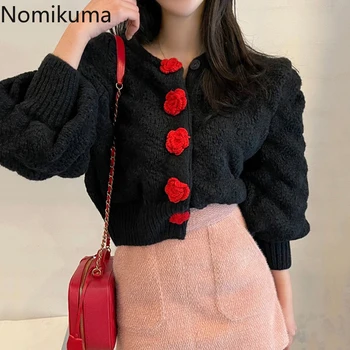 Nomikuma Vintage Puff Luva O-neck Sweater Casaco coreano Flores em 3D Casaquinho de Malha de Primavera Curto Malhas Tops 2021 Novo 6E182