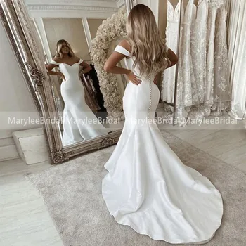 Simplesmente Sereia Vestidos De Noiva Personalizar Off Ombro Cetim Branco Vestido De Noiva Fecho Com Botões De Casamento Vestidos De Trem Da Varredura