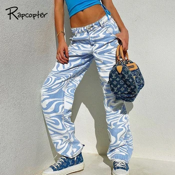 Rapcopter Zebra Impresso Calça Azul Bolsos De Calças Cargo Tecido Cottton Mulheres Reta Calças Boyfriend Moda Streetwear