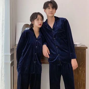 2020 Outono Inverno Casal de Manga comprida Veludo Ouro Pijama Conjuntos para as Mulheres Pijamas Pijamas Homewear Pijamas Mujer Homens à Casa de Roupas