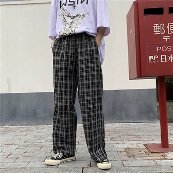 2020 Harajuku Reta Calças Das Mulheres Do Vintage Xadrez Solta Corredores Calça Casual Cintura Alta Wide Leg Pants Sportwear Calças