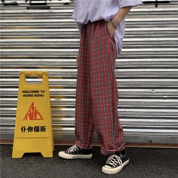 2020 Harajuku Reta Calças Das Mulheres Do Vintage Xadrez Solta Corredores Calça Casual Cintura Alta Wide Leg Pants Sportwear Calças